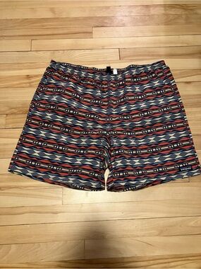 Patagonia Men’s Blue, Orange & Cream Wave-Pattern Swim Trunks